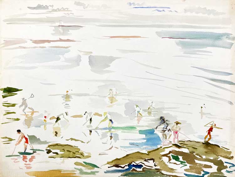 Hélène de Beauvoir. Rice Field Workers, c1940s. Watercolour on paper. 38 x 51.2 cm. Courtesy Amar Gallery, © APP, Ute Achhammer.