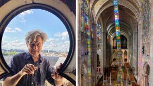 Dean discusses Crescendo, his installation of a 15-metre ladder decorated with his signature coloured dichroic stained glass, in the Saint-Denis Cathedral Basilica in Paris