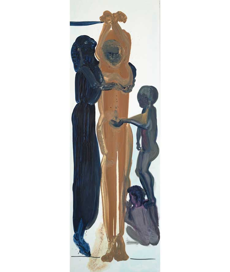 Marlene Dumas. Mourning Marsyas, 2024. Oil on canvas, 300 x 100 cm (118 1⁄8 x 39 3⁄8 in). Courtesy the artist and Frith Street Gallery, London. Photo: Peter Cox.