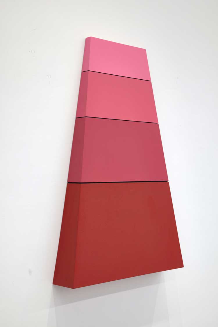 Ronald Davis. Rose Red Taper, 2009. Acrylics on expanded PVC plastic, 47.63 x 31.75 x 6 in. Artwork Copyright © Ronald Davis. Courtesy David Richard Gallery. Photo: Yao Zu Lu.