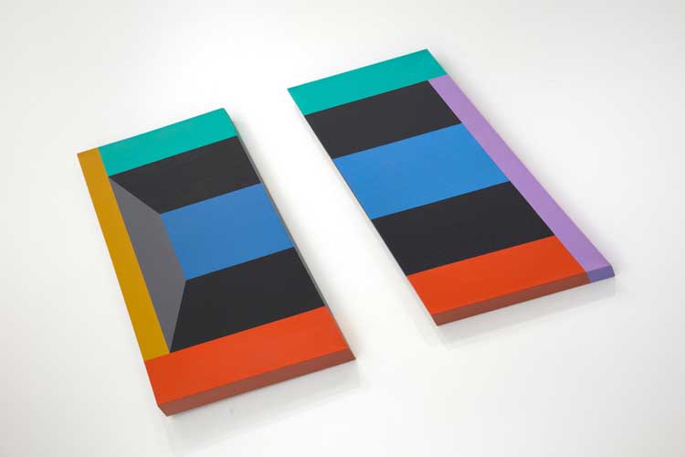 Ronald Davis. Two-Thirds Lock Slabettes, 1985. Diptych, acrylic on shaped canvas, 50 x 93 x 2.75 in. Artwork Copyright © Ronald Davis. Courtesy David Richard Gallery. Photo: Yao Zu Lu.