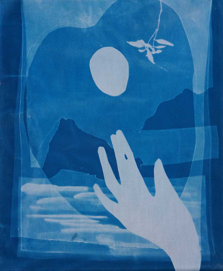 Kaye Donachie, Untitled VIII, 2016. Cyanotype on cotton, 30 x 23 cm. Courtesy Maureen Paley, London. © Kaye Donachie. Courtesy Maureen Paley, London.