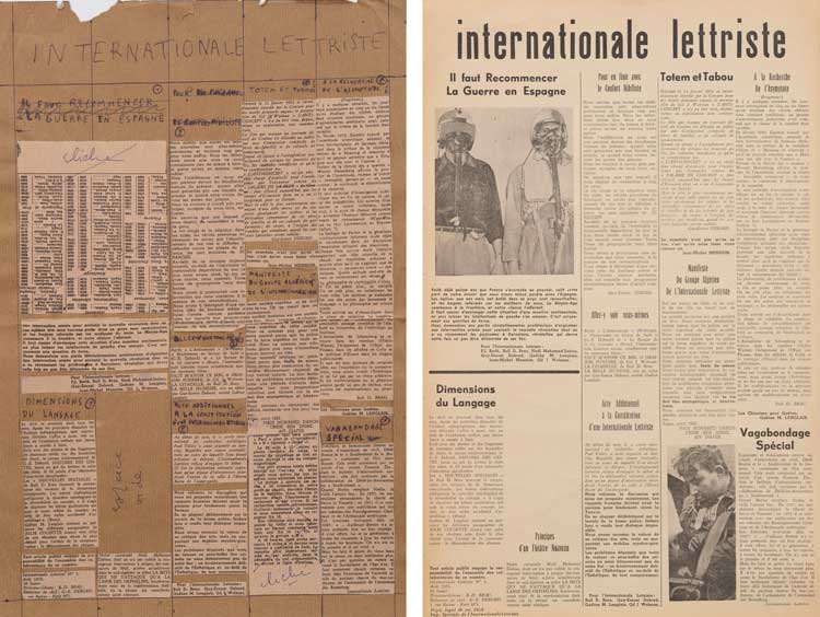 Left: Guy Debord. Untitled. (mocked-up copy for International lettriste no. 3), 1953. Mixed media on paper. Right: International lettriste no. 3. 1953. Print on paper.