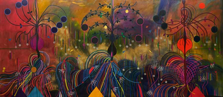 Tiffanie Delune, The Fall Is Never Too High To Blossom, 2023. Mixed media on cotton canvas, 450 x 200 cm. Courtesy of the artist and Gallery 1957.