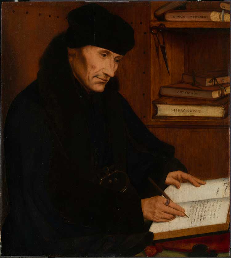 Quinten Massys. Desiderius Erasmus, 1517. Oil on oak panel, 50.5 x 45.2 cm. Lent by Her Majesty The Queen. Royal Collection Trust / © Her Majesty Queen Elizabeth II 2020.