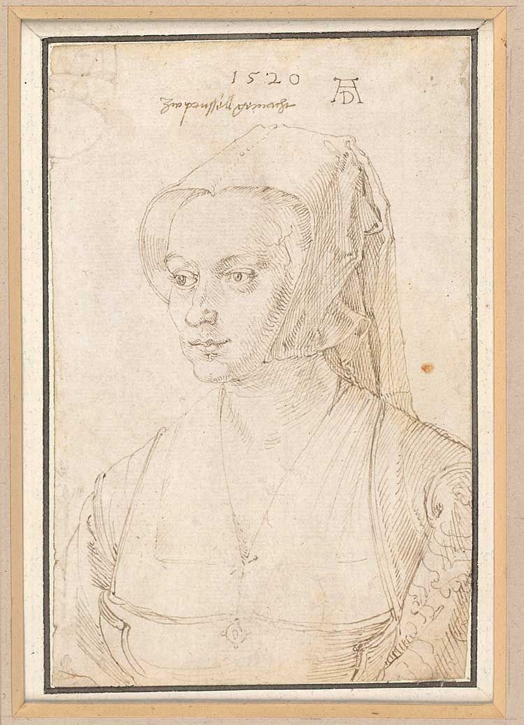 Albrecht Dürer. Lady from Brussels, 1520. Pen and brown ink, 16 x 10.5 cm. The Albertina Museum, Vienna (3161). © Albertina, Vienna.