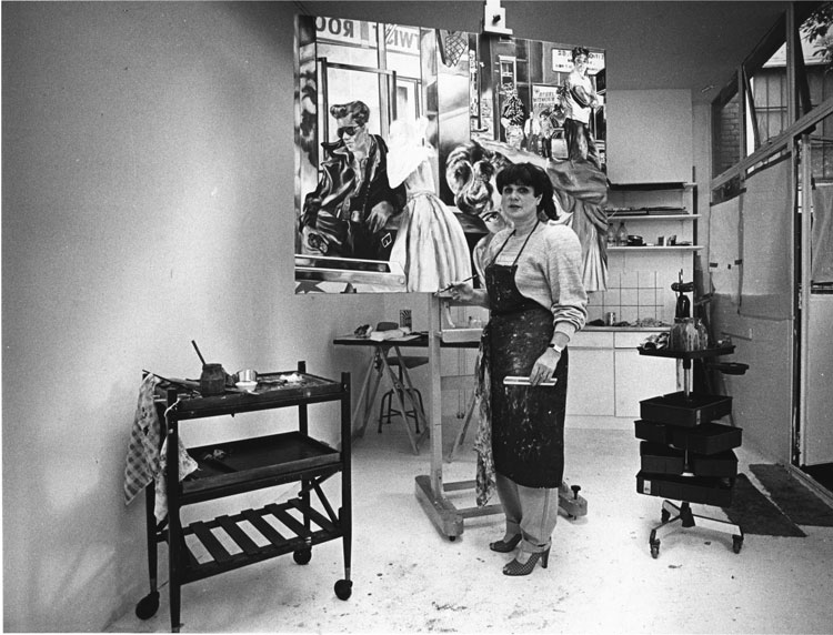 Jacqueline de Jong in her studio in Amsterdam painting Looking through the rocking window, 1980.