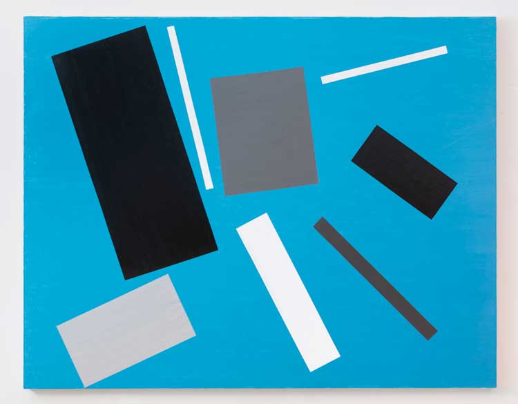 David Diao. Rietveld’s Berlin Chair, parts actual scale scattered, Blue, 2020.  Acrylic on canvas  66 x 84 in (168 x 213 cm). Image courtesy Postmasters Gallery, New York.