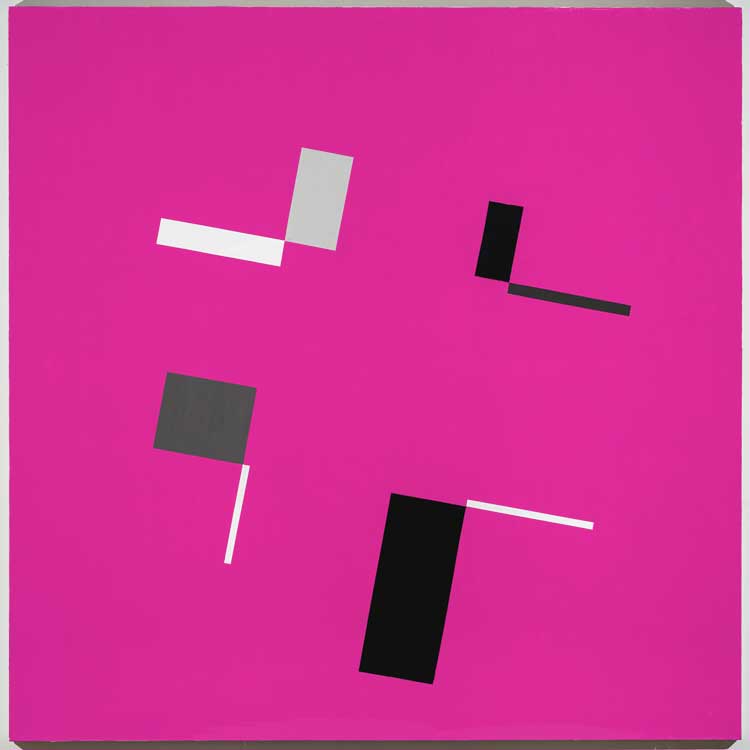 David Diao. Rietveld’s Berlin Chair parts describing a square, magenta, 2021. Acrylic on canvas, 84 x 84 in  (213 x 213 cm). Image courtesy Postmasters Gallery, New York.