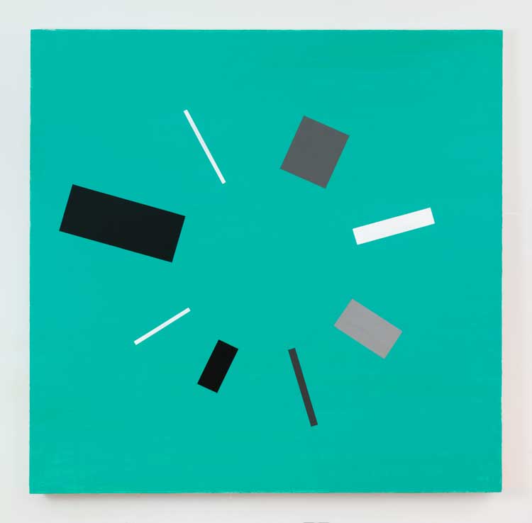 David Diao. Rietveld’s Berlin Chair parts forming a circle, Green, 2021
. Acrylic on canvas
, 83 x 84 in (210 x 213 cm). Image courtesy Postmasters Gallery, New York.