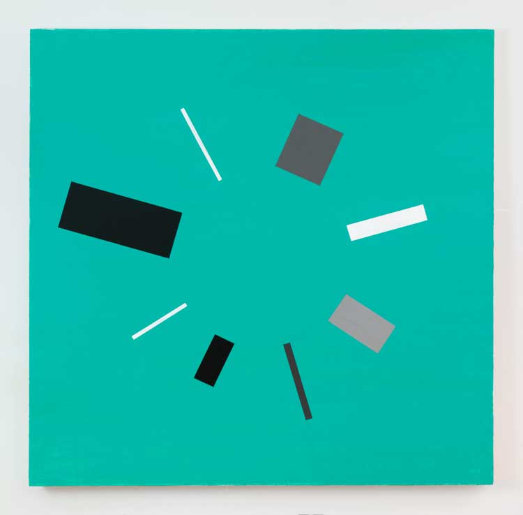 David Diao. Rietveld’s Berlin Chair parts forming a circle, Green, 2021 . Acrylic on canvas , 83 x 84 in (210 x 213 cm). Image courtesy Postmasters Gallery, New York.
