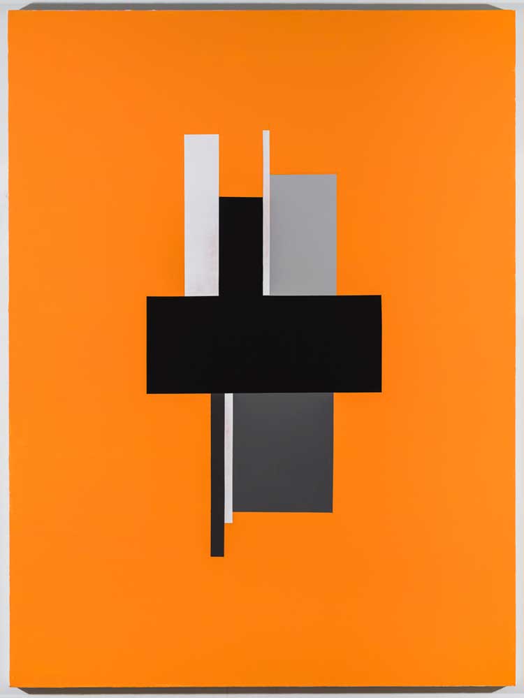David Diao. Rietveld’s Berlin Chair parts in one layer, orange, 2021. Acrylic on canvas, 60 x 45 in  (152 x 114 cm). Image courtesy Postmasters Gallery, New York.