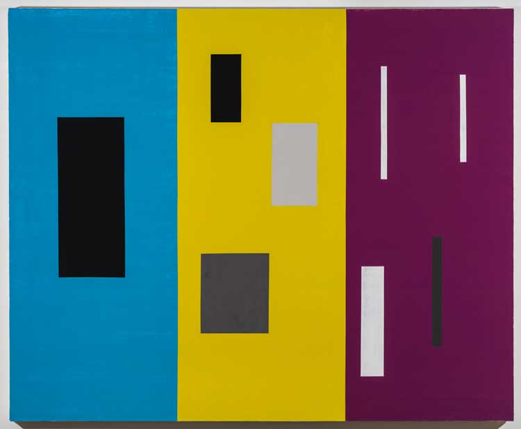David Diao. Rietveld’s Berlin Chair parts on 3 color ground, vertical, 2021 . Acrylic on canvas, 54 x 66 in (137 x 167.5 cm). Image courtesy Postmasters Gallery, New York.
