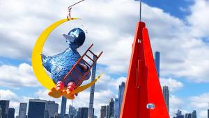 This brightly coloured stainless steel, aluminium and fibreglass installation, depicting Sesame Street’s Big Bird swinging on a crescent moon, is just what is needed after a year of despair