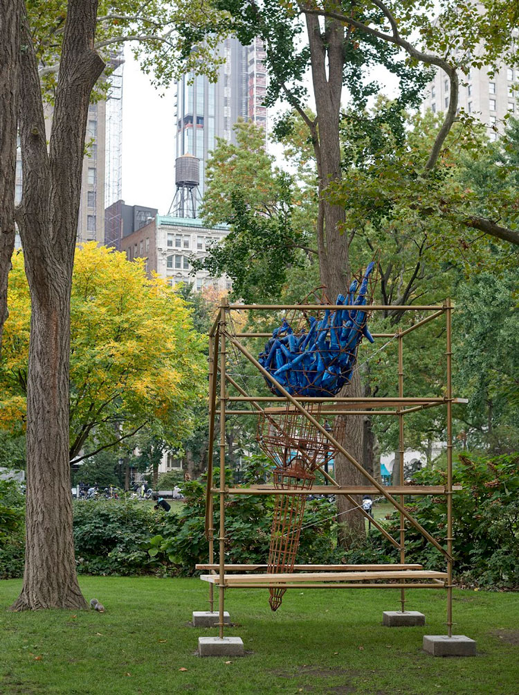 Abigail DeVille. ​Light of Freedom, 2020. Welded steel, cabling, rusted metal bell, mannequin arms, metal scaffolding, wood, 156 x 96 x 96 inches approximately. Collection the artist. Madison Square Park Conservancy, New York. Photo: Andy Romer.