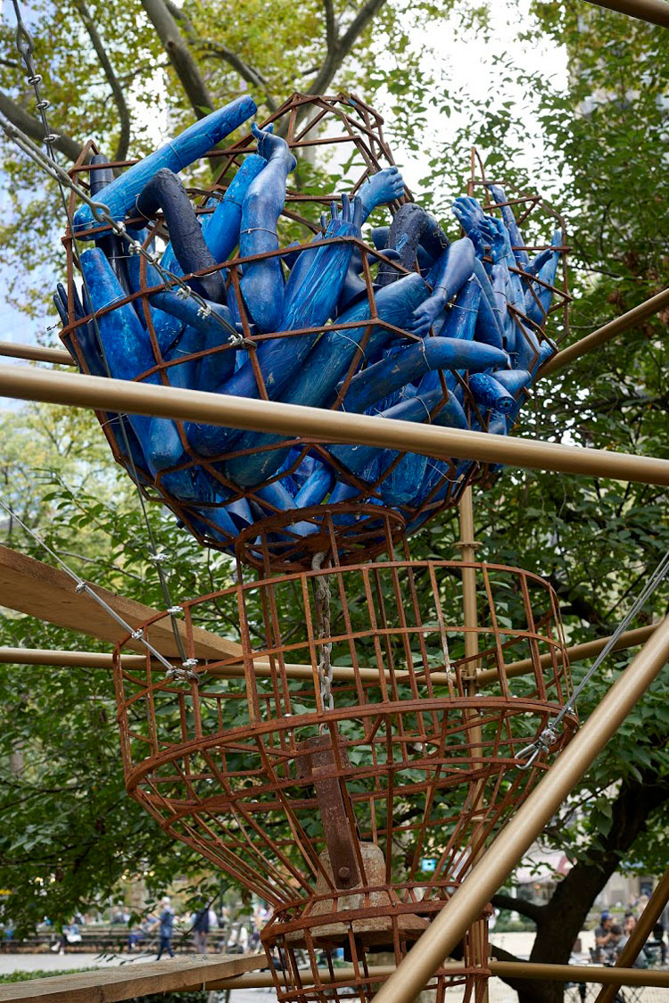 Abigail DeVille. ​Light of Freedom, 2020. Welded steel, cabling, rusted metal bell, mannequin arms, metal scaffolding, wood, 156 x 96 x 96 inches approximately. Collection the artist. Madison Square Park Conservancy, New York. Photo: Andy Romer.