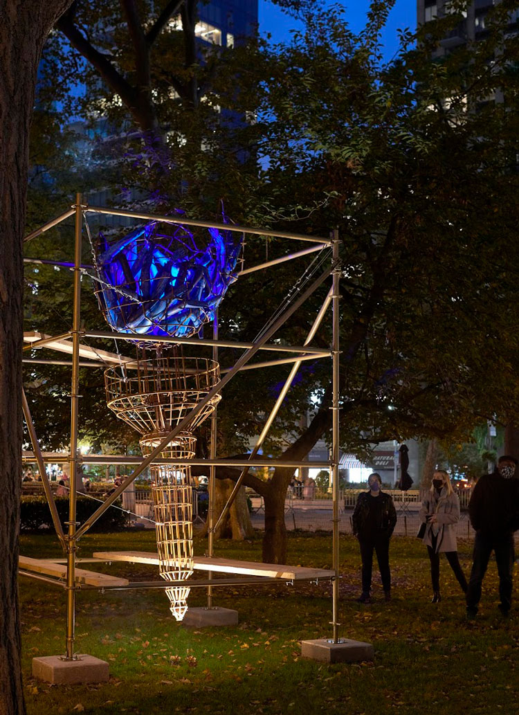 Abigail DeVille. ​Light of Freedom, 2020. Welded steel, cabling, rusted metal bell, mannequin arms, metal scaffolding, wood, 156 x 96 x 96 inches approximately. Collection the artist. Madison Square Park Conservancy, New York. Photo: Andy Romer.