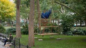 Abigail DeVille. ​Light of Freedom, 2020. Welded steel, cabling, rusted metal bell, mannequin arms, metal scaffolding, wood, 156 x 96 x 96 inches approximately. Collection the artist. Madison Square Park Conservancy, New York. Photo: Andy Romer.