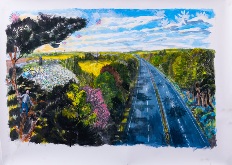 David Downes. Long Road Ahead, 2020. Pen, ink and acrylic on paper.