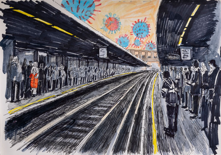 David Downes. Stand Behind the Two Meter Line, 2020. Pen, ink and acrylic on paper.