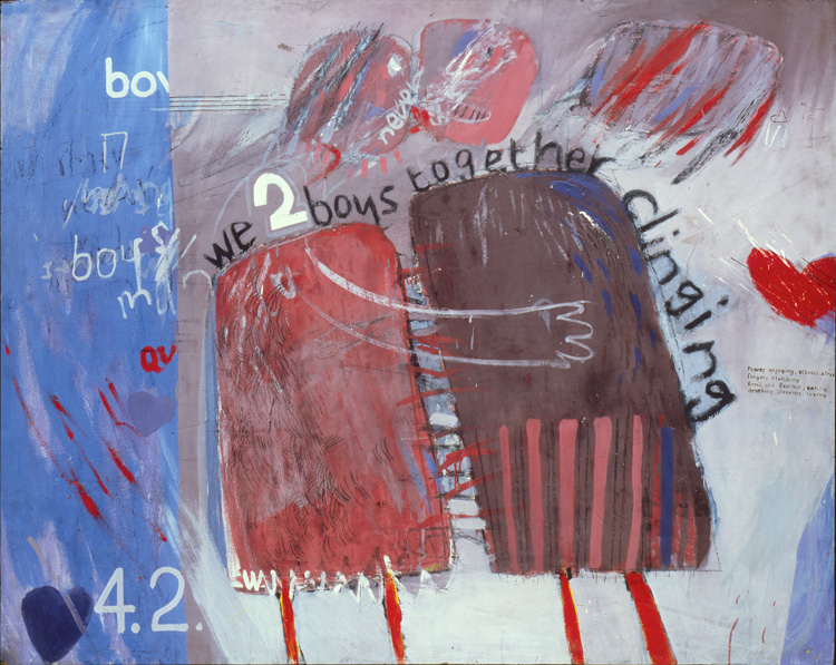 David Hockney. We Two Boys Together Clinging, 1961. Oil on board, 48 x 60 in. © David Hockney. Photo: Prudence Cuming Associates. Arts Council Collection, Southbank Centre, London