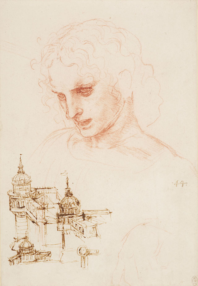 Leonardo da Vinci, The head of St James, and architectural sketches, c1495, a study for the Last Supper. Royal Collection Trust / © Her Majesty Queen Elizabeth II 2019.