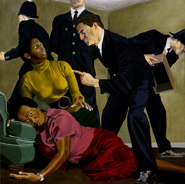 Kimathi Donkor. Madonna Metropolitan - The Death of Cynthia Jarrett, 2005. Oil on linen, 152 x 152cm. Collection of Wolverhampton Art Gallery.