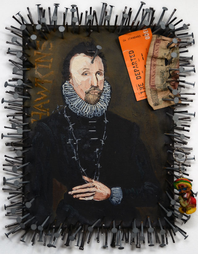 Kimathi Donkor. Arise, Sir John Hawkins, 2007. Mixed media assemblage, 230 x 142 cm. Collection of the International Slavery Museum.