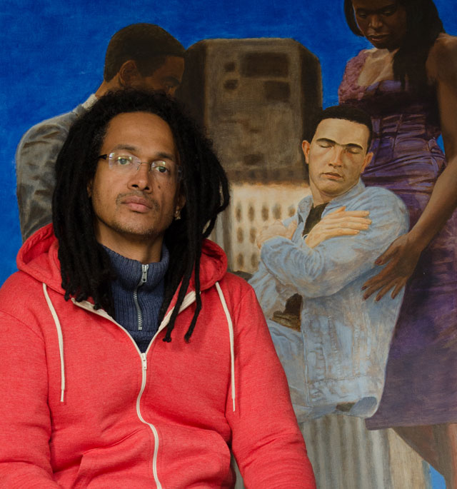 Kimathi Donkor with his painting Jean Charles De Menezes Borne Aloft By Joy Gardner And Stephen Lawrence, 2010, oil on linen, 190 x 160 cm. Photograph © Kimathi Donkor.