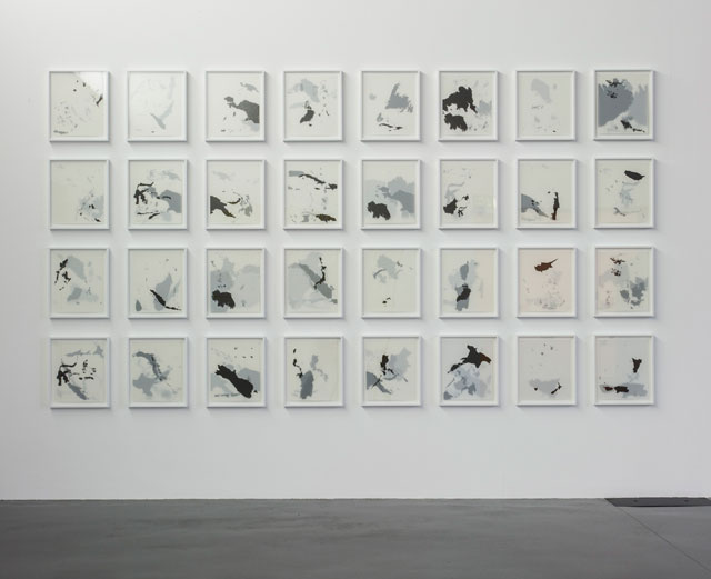 Tania Kovats. All the Islands of all the Seas, 2016. Ink on layered matte acetate, 196 drawings, 32 parts, framed, 42 x 30 cm (16.5 x 11.8 in) each. Installation view, The New Art Gallery Walsall. Courtesy the artist and Pippy Houldsworth Gallery, London.