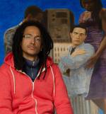 Kimathi Donkor with his painting Jean Charles De Menezes Borne Aloft By Joy Gardner And Stephen Lawrence, 2010, oil on linen, 190 x 160 cm. Photograph © Kimathi Donkor.