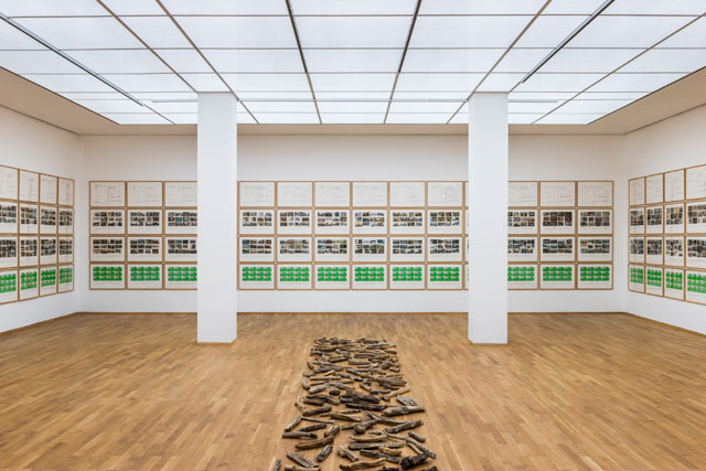 Installation view, Hanne Darboven, Menshen und Landschaften, 1985. Pencil and felt pen on cardboard, historical postcards and Ubiquist cards, 169 parts, each 50 x 70cm. Staatliche Museum zu Berlin, Nationalgalerie. Copyright: Hanne Darboven Foundation. Photograph: Jan Windszus.