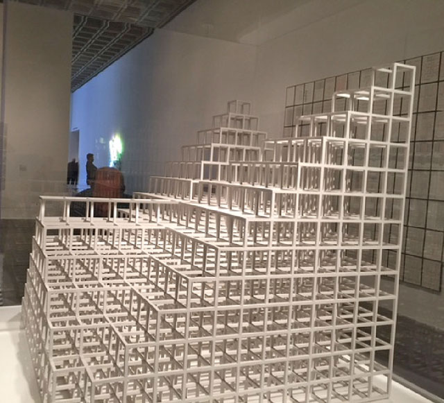 Sol LeWitt. 13/3, 1981. Painted balsa wood, 31 3/8 × 31 3/8 × 31 3/8 in (79.7 × 79.7 × 79.7 cm). Installation view. Photograph: Jill Spalding.