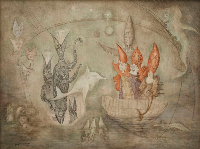 Leonora Carrington. [Title unknown], 1963. Oil and gouache on board, 60 x 71 cm (23 5/8 x 2715/16 in). © Estate of Leonora Carrington. Courtesy Private Collection, London.