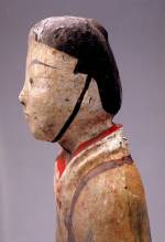 Painted earthenware tomb figurine with hands cupped in salutation, Western Han (206 BCE – 8 CE), H 54 cm (21 5/16 in), W 14 cm (5 9/16 in), excavated in 1986 from the King of Chu’s tomb at Beidongshan. Collection of the Xuzhou Museum. 
彩绘陶拱手俑，西汉，高54、宽14厘米，1986年北洞山楚王墓出土，徐州博物馆藏
