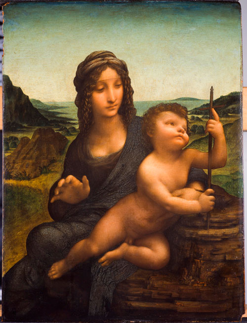 Leonardo da Vinci (1452-1519).<em> Virgin and Child (</em><em>The Madonna of the Yarnwinder)</em>, about 1499 onwards. Oil on walnut, 48.9 cm x 36.8 cm. Private Collection, on loan to the National Galleries of Scotland, Edinburgh. © The 10th Duke of Buccleuch and The Trustees of the Buccleuch Living Heritage Trust. Photo: Antonia Reeve.