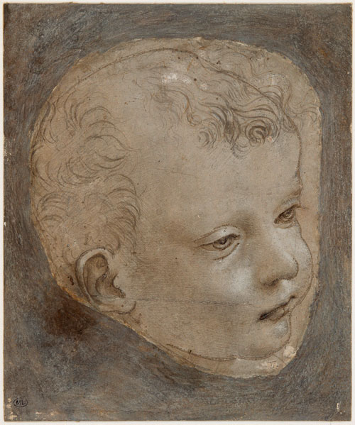 Leonardo da Vinci (1452–1519).<em> Cartoon for the head of the infant Saint John the Baptist</em>, about 1482–3. Metalpoint with traces of pen and ink and wash heightened with white on prepared paper, pricked for transfer, 13.4 x 11.9 cm (irregularly cut) mounted on paper, 16.9 x 14 cm. Musée du Louvre, Paris, Département des Arts Graphiques (2347). © RMN / Michèle Bellot. 