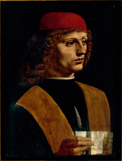 Leonardo da Vinci (1452–1519). <em>Portrait of a Young Man (‘The Musician’)</em>, about 1486–7. Oil on walnut, 44.7 x 32 cm. Veneranda Biblioteca Ambrosiana, Pinacoteca – Milan (99). © Veneranda Biblioteca Ambrosiana – Milano/De Agostini Picture Library.