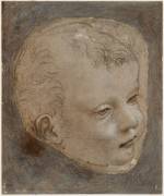 Leonardo da Vinci (1452–1519).<em> Cartoon for the head of the infant Saint John the Baptist</em>, about 1482–3. Metalpoint with traces of pen and ink and wash heightened with white on prepared paper, pricked for transfer, 13.4 x 11.9 cm (irregularly cut) mounted on paper, 16.9 x 14 cm. Musée du Louvre, Paris, Département des Arts Graphiques (2347). © RMN / Michèle Bellot. 