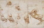 Leonardo da Vinci. Horses in action, with studies of expression horses, lion and man, and an architectural groundplan, c.1505. 19.6 x 30.8 cm. Pen and ink. Royal Collection © 2006 Her Majesty Queen Elizabeth II.