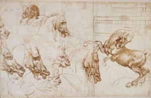 Leonardo da Vinci. Horses in action, with studies of expression horses, lion and man, and an architectural groundplan, c.1505. 19.6 x 30.8 cm. Pen and ink. Royal Collection © 2006 Her Majesty Queen Elizabeth II.