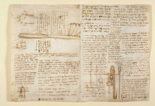 Leonardo da Vinci. Studies of a spiral staircase and of a pump, c. 1514. 28 x 18 cm (page size in bound volume). British Library, London.
