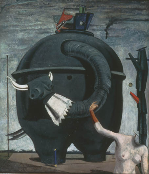 Max Ernst, French, born Germany 1891-1976. <em>Celebes (Célèbes) or The Elephant of Celebes (Der Elefant von Celebes)</em> 1921. 
Oil on canvas, 125.4 x 107.9 cm. Tate. Purchased 1975 
© Tate, London 2006
© 2006 Max Ernst/Artists Rights Society (ARS), New York/ADAGP, Paris.