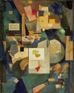 Kurt Schwitters, German, 1887-1948. <em>Merz Pictures 32 A. The Cherry Picture</em> 1921. Cut-and-pasted colored and printed papers, cloth, wood, metal, cork, oil, pencil and ink on board, 91.8 x 70.5 cm. The Museum of Modern Art, New York. Mr and Mrs A Atwater Kent, Jr. Fund, 1954
 © 2006 Kurt Schwitters/Artists Rights Society (ARS), New York/VG Bild-Kunst, Bonn.