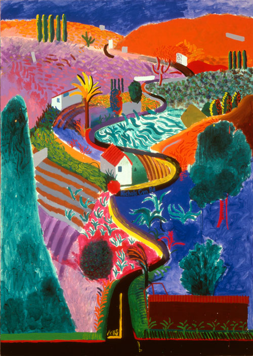 David Hockney. <em>Nichols Canyon</em>, 1980. Acrylic on canvas, 213.4 x 152.4 cm. Private collection. Copyright David Hockney.