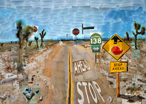 David Hockney. <em>Pearblossom Highway, 11-18 April 1986 #1</em>. Photographic collage, 119.4 x 163.8 cm. The J. Paul Getty Museum, Los Angeles. Gift of David Hockney. Copyright David Hockney.