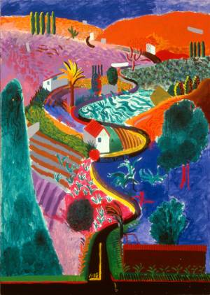 David Hockney. <em>Nichols Canyon</em>, 1980. Acrylic on canvas, 213.4 x 152.4 cm. Private collection. Copyright David Hockney.