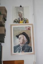 David Remfry. Sketches of John Gielgud and Quentin Crisp on his studio wall, November 2011. © David Remfry.