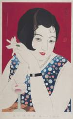 Kobayakawa Kiyoshi (1899-1948). <em>Tipsy (Horoyoi), first print from the series Styles of Contemporary Make-up (Kindai jiseisô no uchi)</em>, 1930. Ink and pigment on paper, 20½ x 12 in. This exhibition is organised and circulated by Art Services International, Alexandria, Virginia.