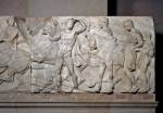 Marble relief (Block XLVII) from the North frieze of the Parthenon. The frieze shows the procession of the Panathenaic festival, the commemoration of the birthday of the goddess Athena. Designed by Phidias, Athens, Greece, 438BC-432BC. Height 101cm x width 164cm. © The Trustees of the British Museum.
